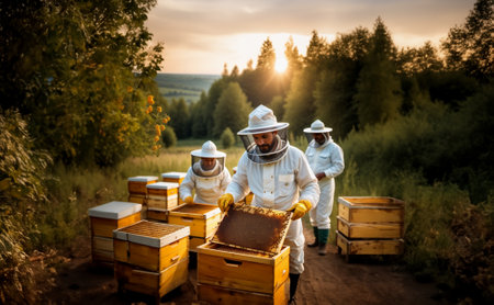 beekeeper with honeycombs in hands in nature bee apiary.の素材