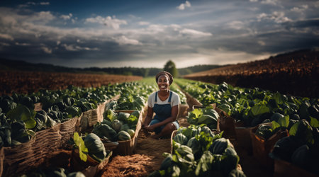 african american happy woman smiling in field harvesting summer vegetables.の素材