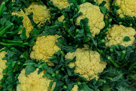 A closeup of cauliflowers on each other with cabbage on the background under the lights in a marketの写真素材