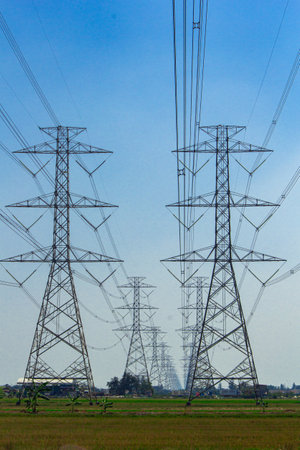 High voltage pole cable wire and Blue sky with cloud background