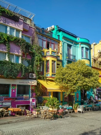 Istanbul, TURKEY - September 22- 2018: Multicolored buildings and street cafe on Sultanahmet.のeditorial素材