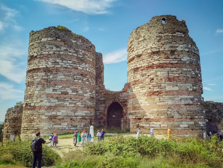 Istanbul, Turkey - September 24, 2018. The ruins of an ancient Venetian fortress on the shores of the Bosphorus. Tourists visiting the sights. Yoros castle.のeditorial素材
