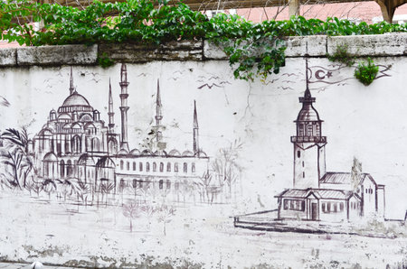 Istanbul, TURKEY, September 25 - 2018. Graffiti with symbols of Istanbul - mosque and maiden tower. Street art.のeditorial素材