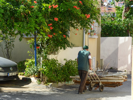 Istanbul, TURKEY, September 20, 2018: An unidentified Turkish garbage collector carrying a cart with garbage. View from the backのeditorial素材