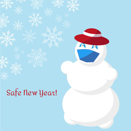Snowman in a red hat and a medical face mask on a blue background with snowflakes and the inscription - Safe New Year. Concept Christmas holidays during a pandemicのイラスト素材