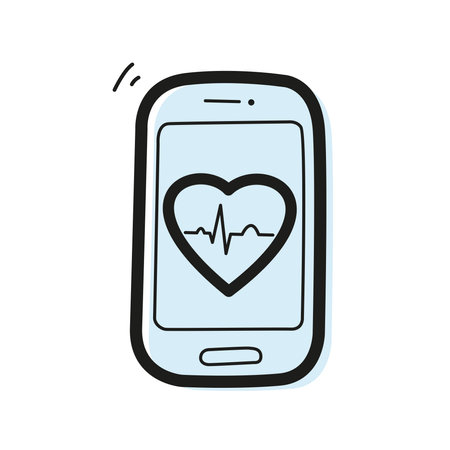 Vector linear color icon in the form of a smartphone with a heart and an ECG graph inside. Telemedicine concept.のイラスト素材