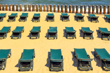 Rows of free green sun loungers on an empty sandy beachの写真素材