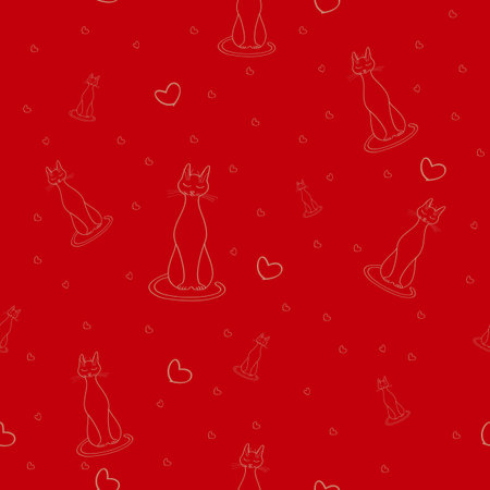 Seamless pattern with silhouettes of cats and hearts on a red background.のイラスト素材