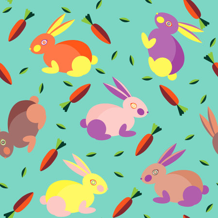 Seamless pattern with cute colorful rabbits, carrots and leaves.のイラスト素材
