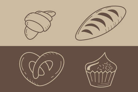 Baking icons set - fresh bread, croissant and pretzel with cake in doodle styleのイラスト素材