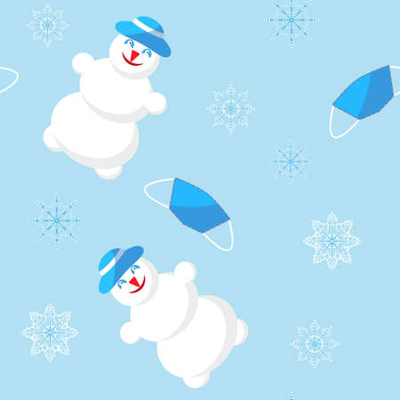 Seamless new year pattern with snowman medical mask and snowflakesの写真素材