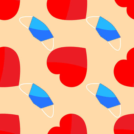 seamless pattern of red hearts and blue medical masks in flat style.の写真素材