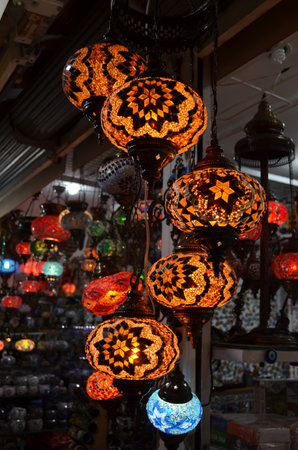 Turkish traditional colored glass craft lights. Grand market, Istanbulの写真素材