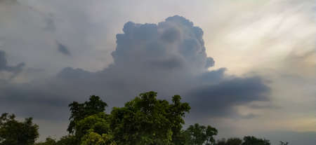 sky blue background image white clouds tree background image in indian village imageの写真素材