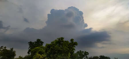 sky blue background image white clouds tree background image in indian village imageの写真素材