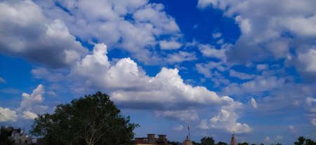 sky blue background image white clouds tree background image in indian village imageの写真素材
