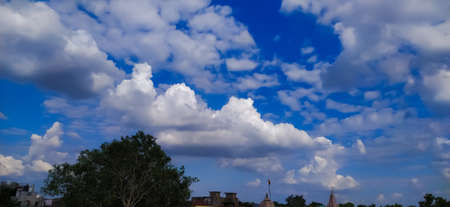 sky blue background image white clouds tree background image in indian village imageの写真素材