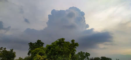 sky blue background image white clouds tree background image in indian village imageの写真素材