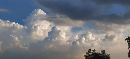sky blue background image white clouds tree background image in indian village imageの写真素材