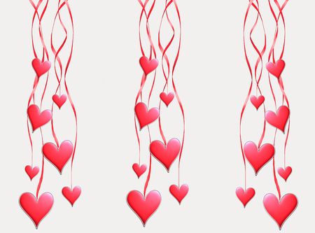 Red hearts hang on tapesの写真素材