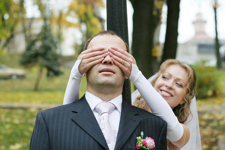 bride and groom playingの写真素材