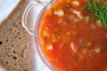 Fresh tomato soup in bowl close up. Minestroneの写真素材