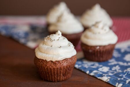 Chocolate cupcakes with cream cheese frostingの写真素材