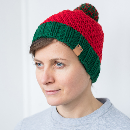 Woman in Elf red-green hatの写真素材