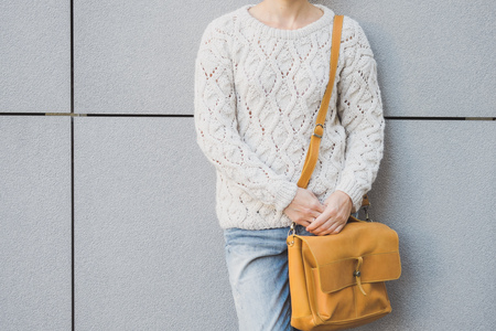 Outdoor full body portrait of young beautiful fashionable womanの写真素材