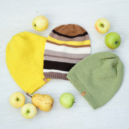 cozy knitted children set of hatsの写真素材