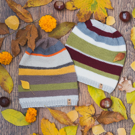 cozy knitted set of hatsの写真素材