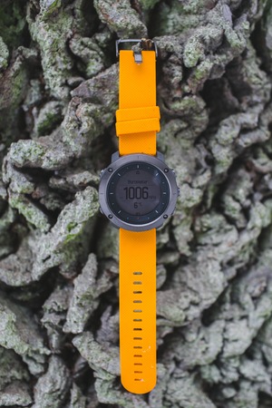 Close up of Fitness tracker runner wearing sport smart watchの写真素材