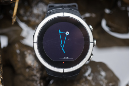 Close up of Fitness tracker runner wearing sport smart watchの写真素材