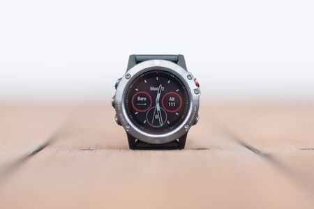 Close up of Fitness tracker runner wearing sport smart watchの写真素材