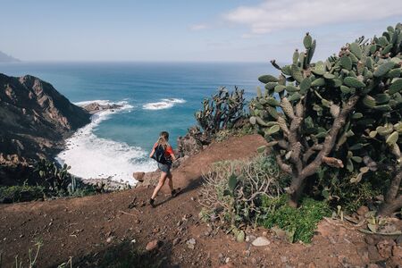 Woman trail running on a mountain path. Runner working out in beautiful nature.