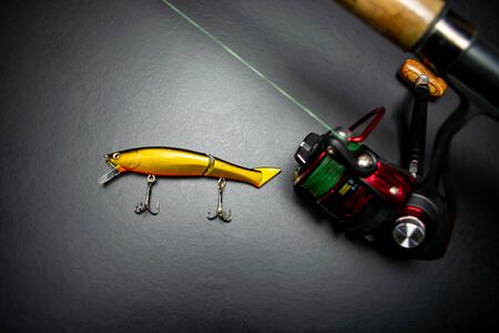 Fish lure, fishing reel on a black backgroundの写真素材
