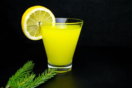 Lemonade in a glass of lemon slice on a black background. The branch ate.の写真素材