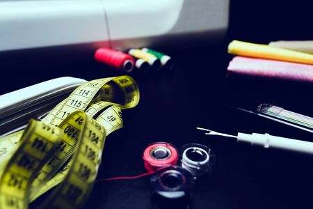 Sewing machine, sewing tools, fabric threads needlesの写真素材
