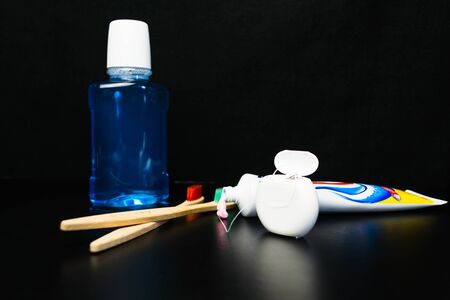 Dental and oral care products. Hygiene of teeth and oral cavity.Black background