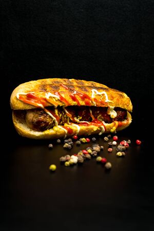 Hot dog and spices on a black background, junk foodの写真素材