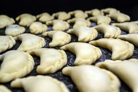 Dumplings on a black background sprinkled with flour