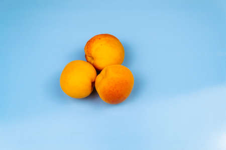 Three ripe big apricots on a blue background.