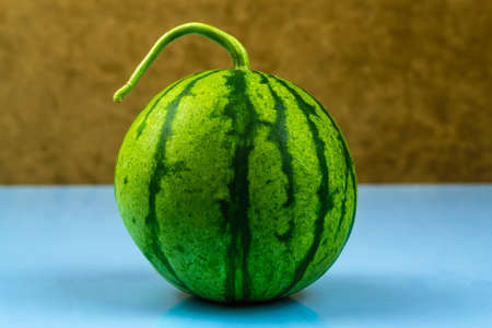Striped watermelon on blue background close up