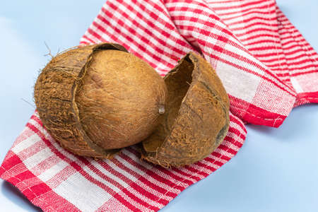 Exotic nut. Whole and half coconut on blue background