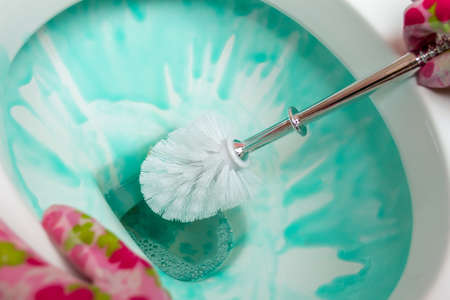 A woman's hand in a rubber glove cleans the toilet bowl with a brush, sink Clean your house.の写真素材