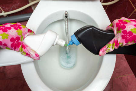 A woman's hand in a rubber glove cleans the toilet bowl with a brush, sink Clean your house.の写真素材