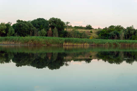 Calm river in the evening summer landscape of grass and trees