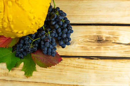 Pumpkin, autumn leaves, grapes and apples on a wooden background. Thanksgiving Day. Autumn theme...