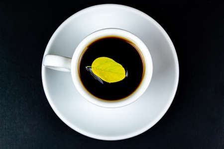 Cup of coffee, on a black background. Autumn conceptの写真素材