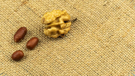 Two halves of walnut and peanuts on the background of the bagの写真素材